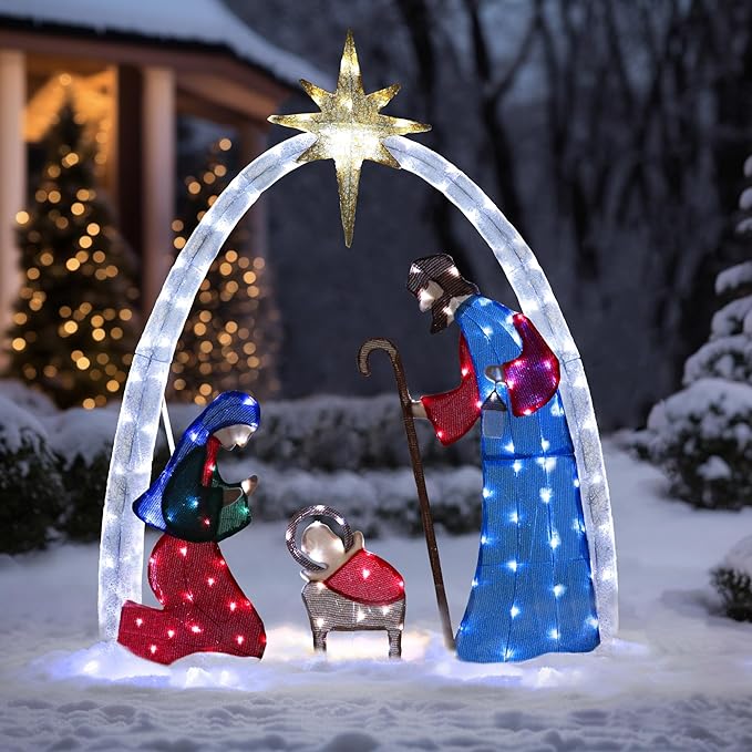 MUPATER 5ft Lighted Outdoor Christmas Decoration Nativity Scene, Lighted Christmas Yard Decor Nativity Set for Lawn and Home Holiday Party with Lights, Ground Stakes and Zip Ties, Multicolor