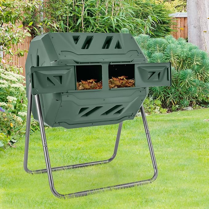 S AFSTAR Composter Tumbler Outdoor, 42-Gal Dual Chamber Tumbling Composter with 2 Sliding Doors, Metal Frame, BPA-Free Large Rotating Compost Bin Tumbler for Garden Yard Waste (Green)