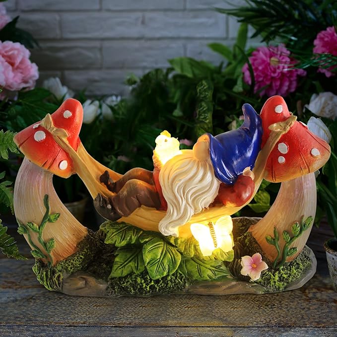 Outdoor Garden Gnome Statue,Solar Gnomes Figurine Lying on Hammock with Bird and Mushrooms,Outdoor Garden Decoration for Patio Yard Lawn Porch,Gifts for Mom/Grandma/Women
