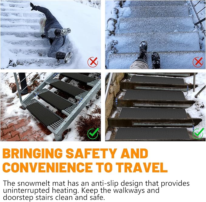 Snow Melting Mats Outdoor for Walkways Decks and Sidewalks, 20 x 30 in No-Slip Heated Outdoor Mats with 10 ft Power Cord, 3 in/h Speed Snow and Ice Melting Pads for Winter Backyards Snow Removal