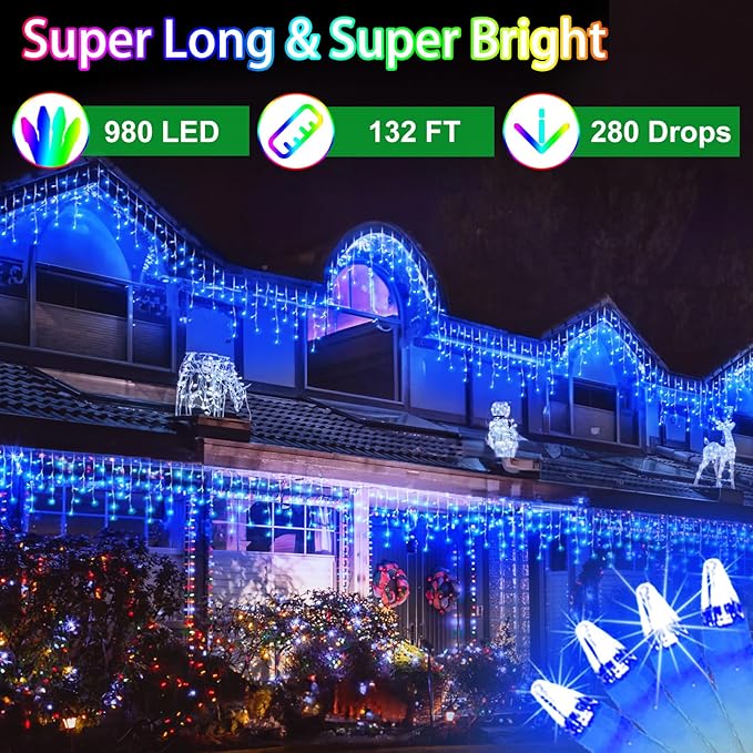 132FT LED Christmas Lights Outdoor with 280 Drops, Christmas Decorations Hanging Lights 980 LED 8 Modes, Outsite Fairy String Lights for Wedding Party Holiday Winter Wonderland Decorations Blue