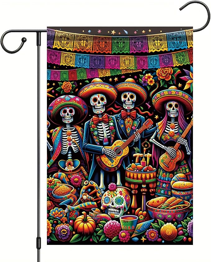 Day of the Dead Garden Flag 12x18 Inch Mexican Sugar Skull Skeleton Band Yard Banner Double Sided Outdoor Dia de los Muertos House Flag Colorful Skull Porch Lawn Decor