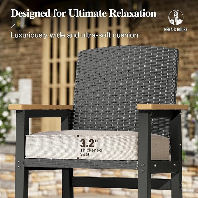 HERA'S HOUSE HDPE Outdoor Bar Set of 3, 2 Bar Stools with Wicker Backrest and Comfy Thick Cushion, 42” All Weather Outdoor Bar Table with Cut-Out Legs, Patio Bar Table and Chairs Set