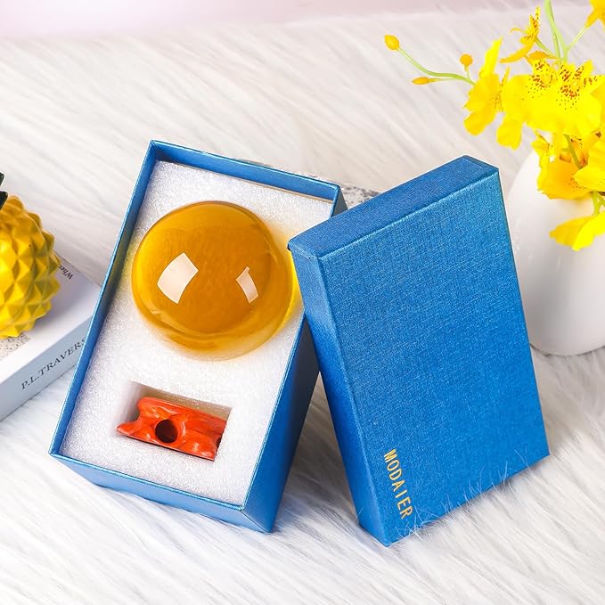Yellow Small Crystal Ball 60mm/2.3 nch with Rose Wooden Stand and Gift Box for lensball Photography,Fortune Teller,Feng Shui, Witchcraft Decor,Scrying,Magic,Crystal Orb Prop Decorative Glass Sphere