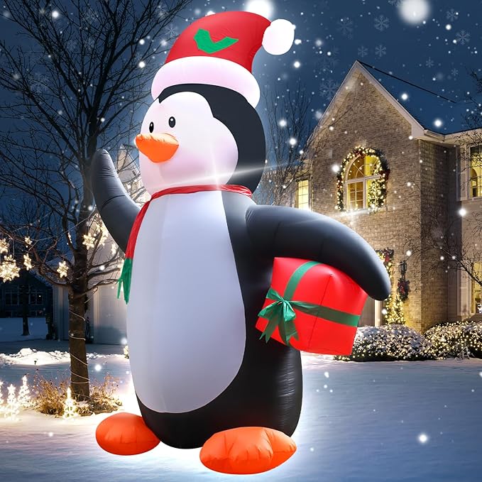 12 Feet Christmas Inflatable Penguin Holding Gift LED Lights Outdoor Decoration for Lawn Garden Entrance Holiday Party Festive Atmosphere Cute Toy