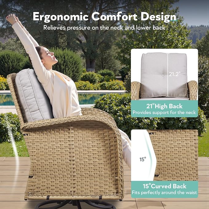 5 Piece Patio Furniture Set - Wicker Patio Conversation Set with Swivel Glider, Loveseat Bench, Tempered Glass Side Table and Coffee Table for Deck Backyard - Yellow Wicker Beige Cushion