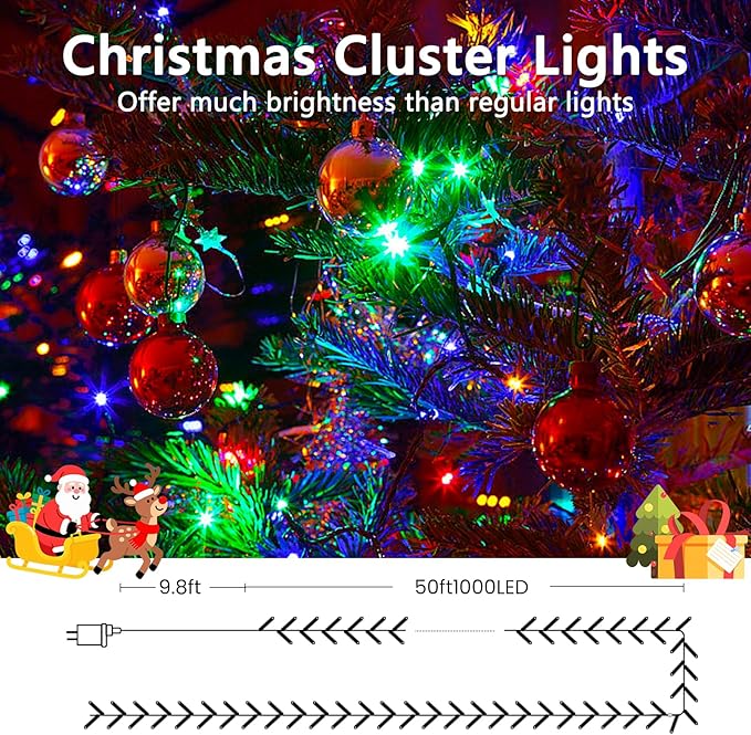 50FT 1000 LED Cluster Christmas Lights, Christmas Tree Lights Outdoor 8 Modes with Timer & Remote, Firecrackers String Lights Waterproof for Garland Party Xmas Decorations, Multicolor