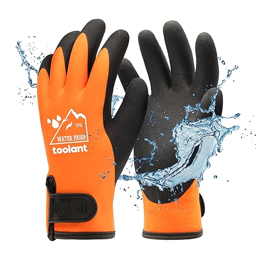 100% Waterproof Gloves for Men and Women, Winter Work Gloves for Cold Weather, Thermal Insulated Freezer Gloves, Touch Screen, With Grip, Orange, Small