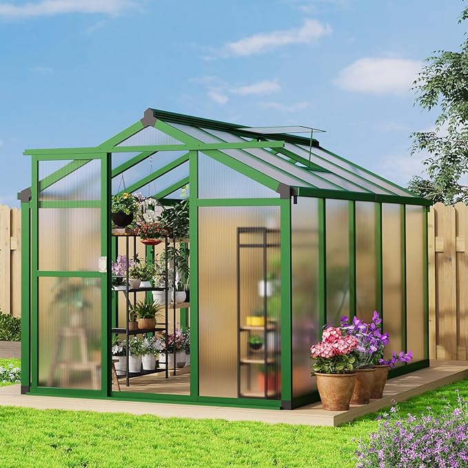 6x10 ft Greenhouse with Roof Vent, Aluminum Walk-in Greenhouses for Outdoors, Heavy Duty Garden House for Backyard, Patio, Easy Assembly