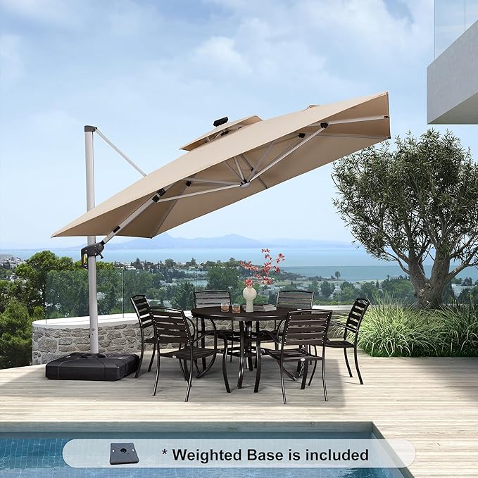 PURPLE LEAF 11 Feet Solar Powered LED Square Cantilever Umbrella With Base Patio Umbrellas Windproof Hanging Umbrella Outdoor Umbrellas Offset Umbrellas, Beige