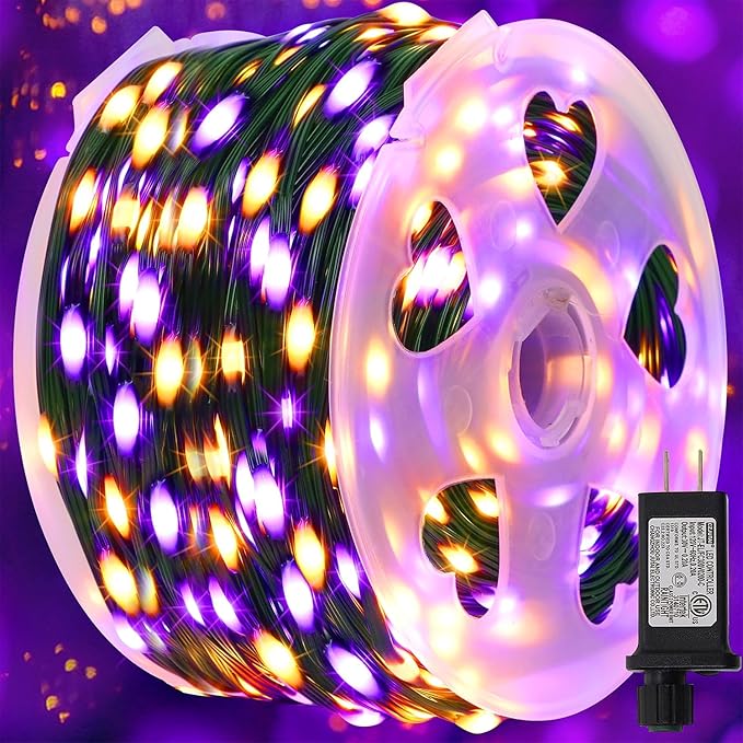 WATERGLIDE Extra Long 328FT Halloween Lights, 1000 LED Outdoor Fairy String Lights, Green PVC Copper Wire Christmas Light, Plug in 8 Modes & Waterproof for Tree Party Home Yard Decor, Orange&Purple