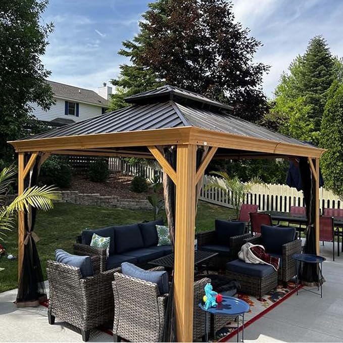 Domi 12' x 14' Hardtop Gazebo Permanent Aluminum Gazebo with Wood-Looking Frame, Galvanized Steel Double Roof, Curtains and Netting for Patio, Lawn, and Garden