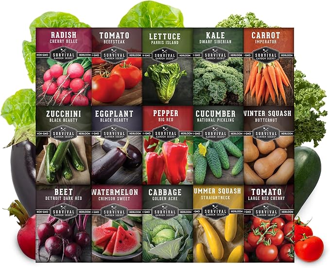 Survival Garden Seeds Vegetable Garden Collection Seed Vault - Non-GMO Heirloom Family Garden Seeds for Planting - 15 Non-Hybrid Varieties of Vegetables