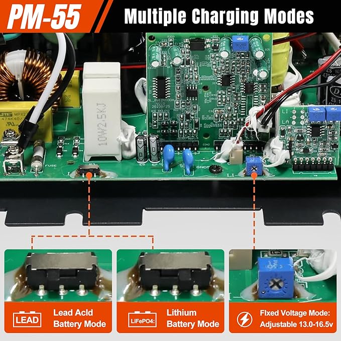 PM4 55Amp RV Power Converter - Power Converter with Built-in 4 Stage Smart Battery Charger - Multiple Capacities 55A 110V AC to 12V DC 55Amp Battery Charger RV Power Converter Replacement