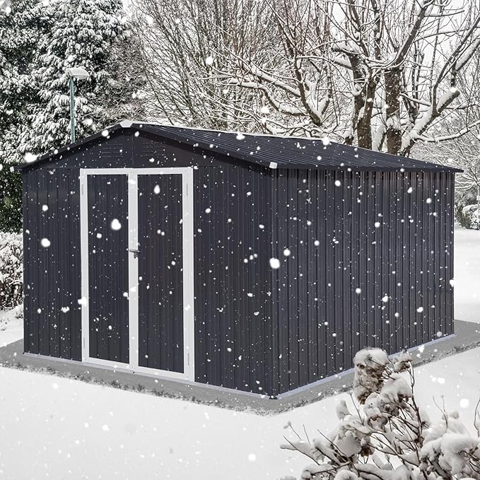 10x12 FT Metal Outdoor Storage Shed & Double Hinged Large Door - Heavy-Duty Shed with Floor, Lockable & Ventilation - Rainproof Windproof Large Utility Garden Shed for Backyard Patio Lawn-Dark Gray