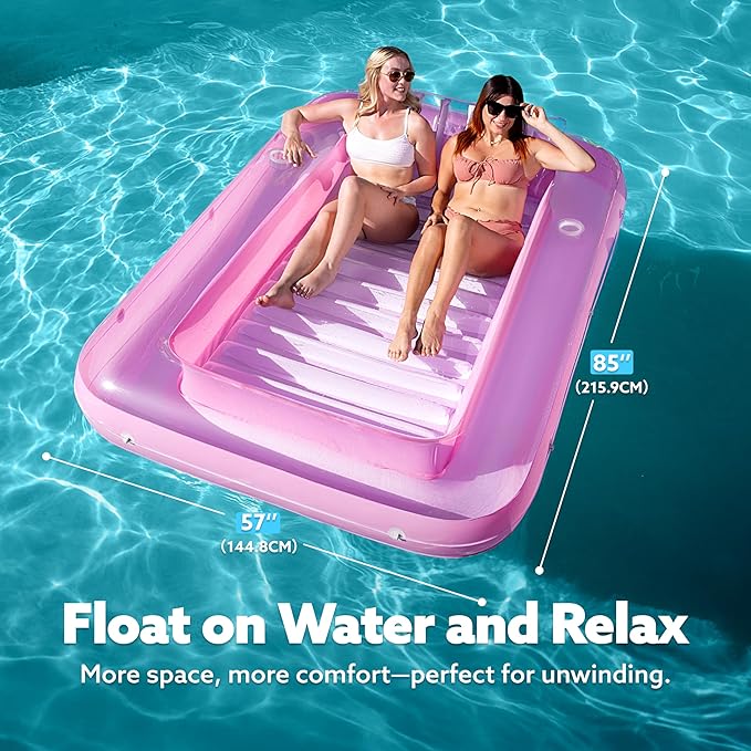 SLOOSH Inflatable Tanning Pool Lounger Float, 85" x 57" Extra Large Pool Floats Adult with Pillow, 4 in 1 Suntan Tub Raft Floatie,Sunbathing Bed Lounge for Water Blow Up Ball Pit, XL-Pink White