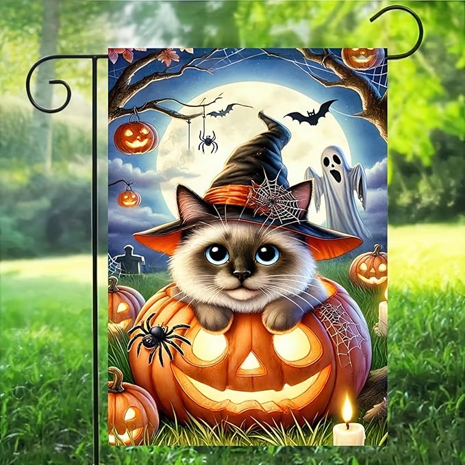 Halloween Garden Flag - Pumpkins & Siamese Cat - 12x18 Double Sided Vertical Flag - Fall & Outdoor Farmhouse Flag - Yard & Lawn Patio Banner