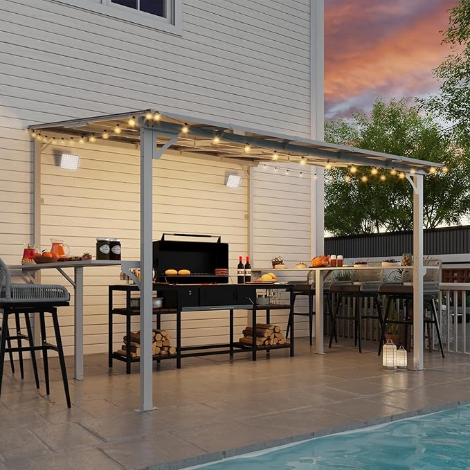 MEISSALIVVE 10' x 10' Wall Mounted Gazebo, Outdoor BBQ Grill Gazebo with Side Shelf, Lean to Metal Awnings with Sloped Roof, Heavy Duty Pergola for Backyard, Deck, White