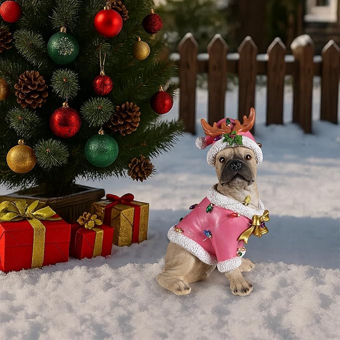 Christmas Outdoor Decoration Dog Statue, LED Light Cute English Bulldog Sculpture with Pink Santa Outfit & Lights for Garden and Yard, Indoor Holiday Décor Gift for mom and dad