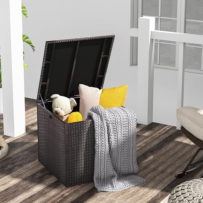 HAPPYGRILL Outdoor Storage Deck Box, 72 Gallon Square Wicker Patio Rattan Storage Container with Zippered Liner & Safe Pneumatic Rod, Outdoor Wicker Deck Box for Garden Tools Cushions