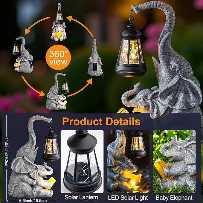 C&Y&G&X Solar Outdoor Garden Decor Elephant Statues Lights, Elephants Family Son Birthday Gifts for Mom, Housewarming Gifts and Yard Decoration