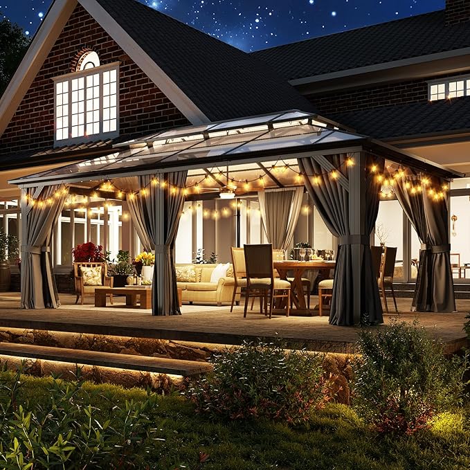 Aoxun 12'x20' Hardtop Gazebo, Aluminum Frame Permanent Pavilion with Curtains and Netting, Outdoor Polycarbonate Double Roof Canopy, Designed for Garden, Lawns, Patio, Gray
