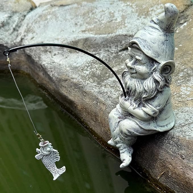 GARDEN WHISPER Gnome Statue Outdoor Garden Pond Koi Decoration, Fishing Gnome Sculpture Garden Koi Pond or Waterfall Decor, 9.7" Dwarf Fishing Poolside Statue, Great Gifts for Mom (Cartoon Style)