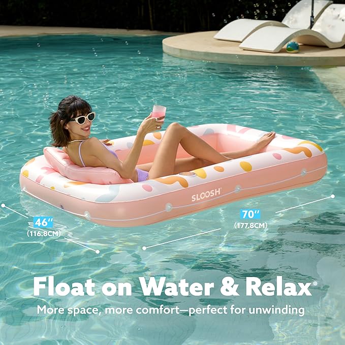 SLOOSH Inflatable Tanning Pool Lounger Float, 70" x 46" Pool Floats Adult with Pillow, 4 in 1 Suntan Tub Raft Floatie,Sunbathing Bed Lounge for Water Blow Up Ball Pit Party Gifts