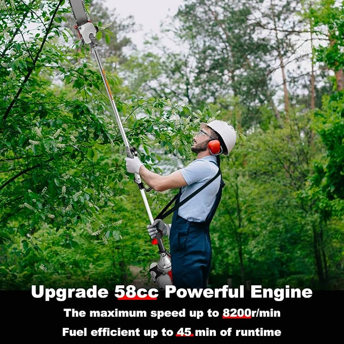 COOCHEER Pole Saw Gas Powered, 16-Foot Reach 58CC 2-Cycle Gas Pole Chain Saw 11.5-Inch Bar Cordless Extendable Long Tree Trimmer Gas Pole Saws for Tree Hedge Trimming Branches Pruning