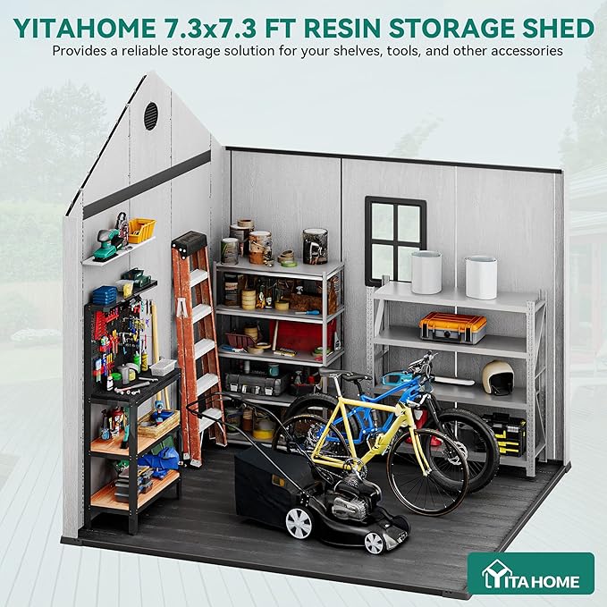 YITAHOME 8 x 8 ft Outdoor Plastic Storage Shed with Floor, Waterproof Garden Shed with Lockable Door, Windows & Vents, Plastic Tool Storage for Patio Furniture, Lawn Mower, Bike Storage