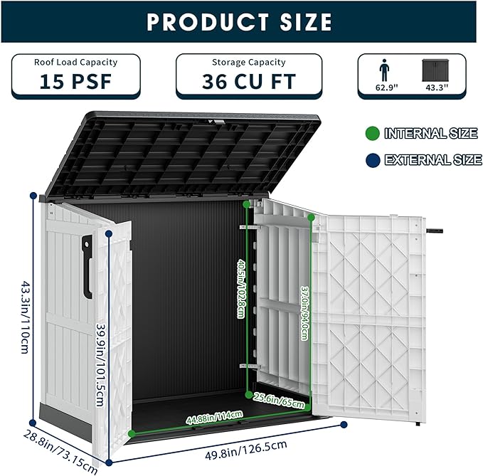 Light Gray Outdoor Resin Storage Shed 36 Cu. Ft. Garden Horizontal Storage Extra Large Capacity Weather Resistant Storage Box, Lockable Resin Waterproof Shed for Garbage Cans, Garden Tools