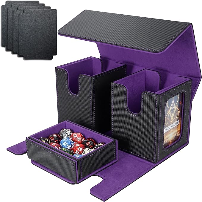 AFIING MTG Commander Card Storage Box - Fits 200 Double Sleeved Cards,3-in-1Card Deck Case,Strong Magnet Card Organizer For Magic Commander TCG CCG,4Dividers &2 Toploaders, Black/Purple