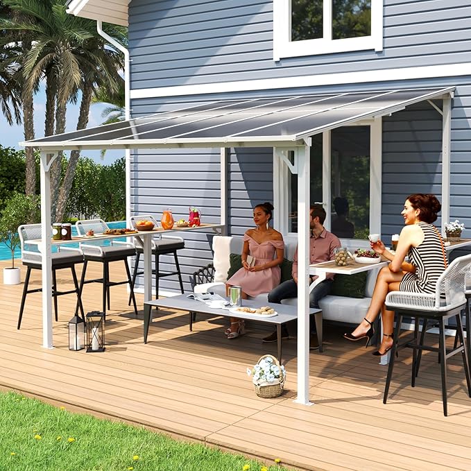 MEISSALIVVE 10' x 10' Wall Mounted Gazebo, Outdoor BBQ Grill Gazebo with Side Shelf, Lean to Metal Awnings with Sloped Roof, Heavy Duty Pergola for Backyard, Deck, White