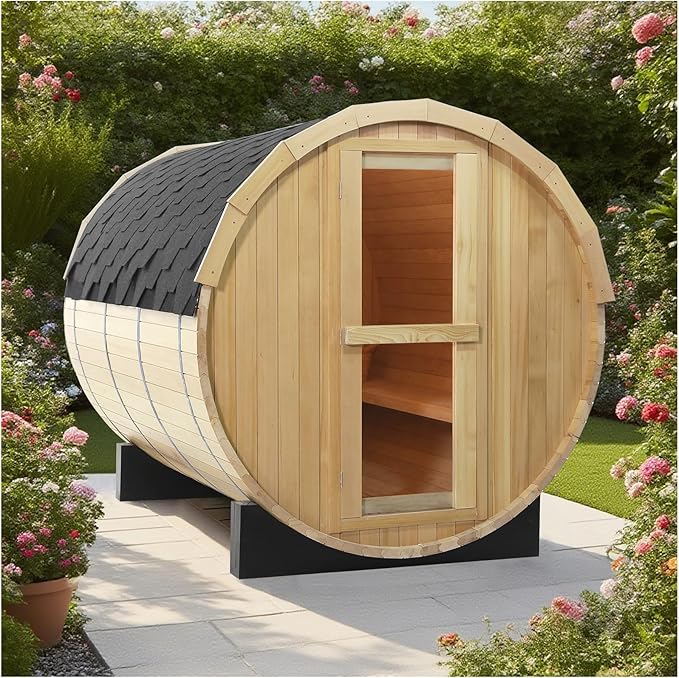 ZONEMEL Outdoor Barrel Steam Sauna with Panoramic View, Canadian Hemlock Wood Sauna for 4-6 Person, 6KW Heater, Rocks, 8mm Tempered Glass, Waterproof System, 220V