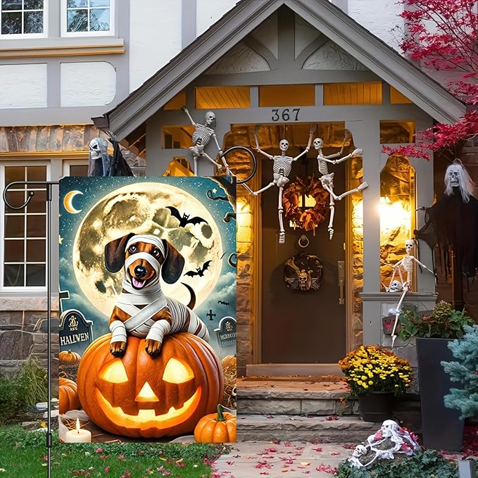 Happy Halloween Garden Flags Ghost Dog Skeleton Dachshund Dog Small Yard Flag for Outdoor Decor 12x18 Inch Vertical Double Sided for Outside Decoration