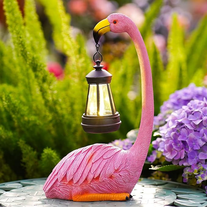 Flamingo Statues for Garden Decor: Outdoor Figurines Sculpture with Lantern for Lawn Patio Yard Balcony - Gifts for Mom Grandma