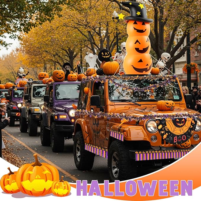 Hungdao 5ft Halloween Inflatable Pumpkin Halloween Golf Cart Decorations Kit PVC Blow Ups Pumpkins Tinsel Garlands Tinsel Streamers Fan Flag, Reusable Outdoor Decoration for Parade Yard
