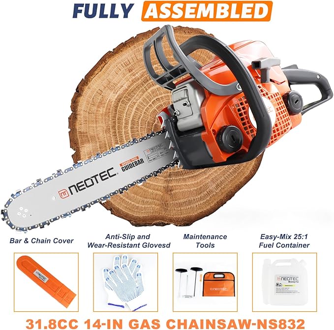 NEOTEC 31.8cc Gas Chainsaw,14 Inch Gasoline Powered Chain Saw 2-Stroke Gas Chainsaws,Durable Portable Chain Saw for Wood Cutting,Tree Pruning and Firewood Preparation NS832