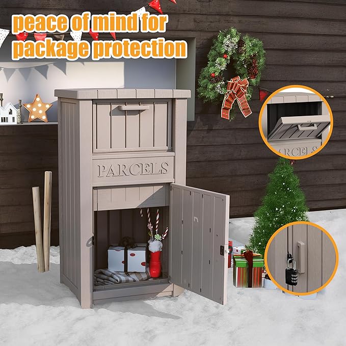 Package Delivery Box,Storage Box with Lockable Secure,Double-Wall Resin Outdoor Package Delivery and Waterproof Deck Box for Porch, Curbside (Grey)