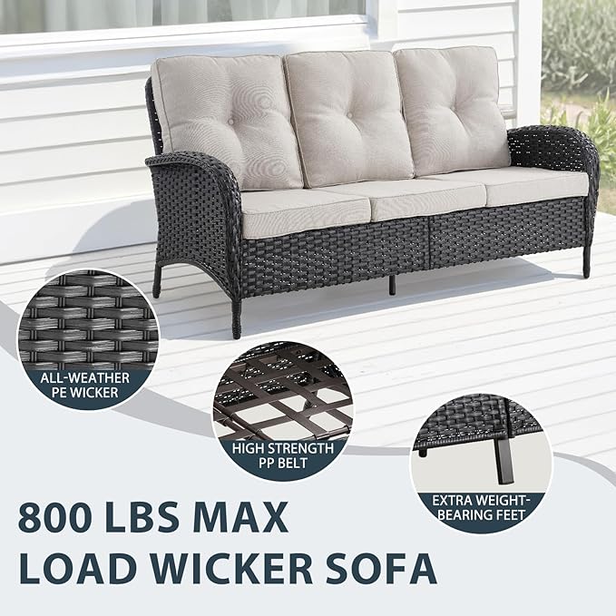 7 Piece Patio Furniture Set with Fire Pit Table - Wicker Patio Conversation Set with Swivel Glider, 3 Seat Sofa, Side Table and 2 Ottomans for Deck Backyard - Black Wicker Beige Cushion