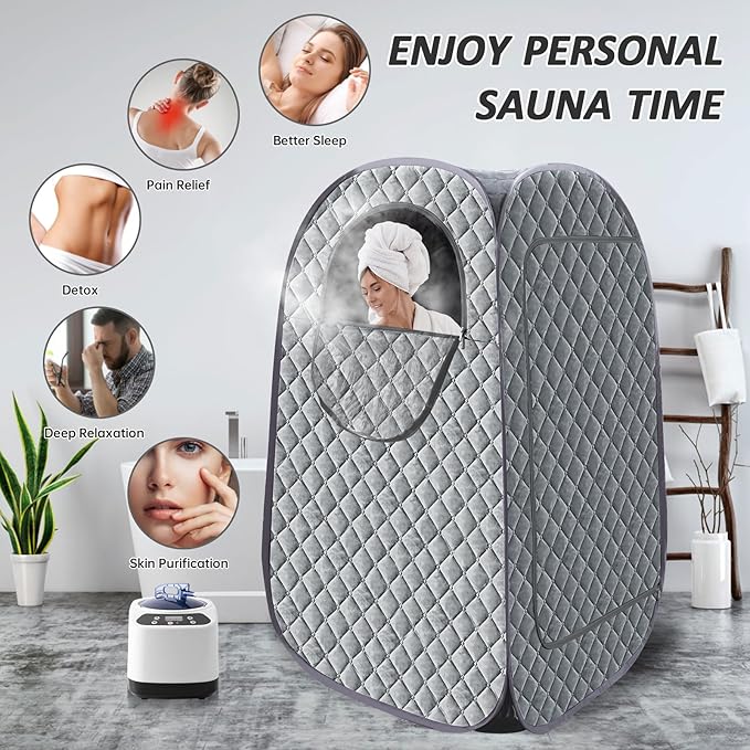 Portable Steam Sauna, Personal Steam Sauna Tent for Home Spa, Full Size Portable Spa Sauna Box with 3L 1000W Sauna Steamer, Large Size Foldable Chair Included, Grey
