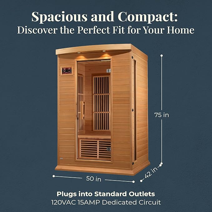 DYNAMIC SAUNAS 2-Person Low EMF FAR Infrared Sauna with Chromotherapy Lighting and Speakers, Maxxus Toulouse - Personal Indoor Dry Heat Sauna for Home & Gym – Made from Canadian Hemlock, 75"