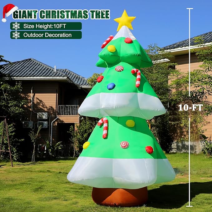 FunFanso 10FT Christmas Tree Inflatables Outdoor Decorations with LED Lights, Giant Blow Up Christmas Tree Yard Decor with Star Treetop & Colorful Candy for Xmas Holiday Party Garden Patio Lawn Decor