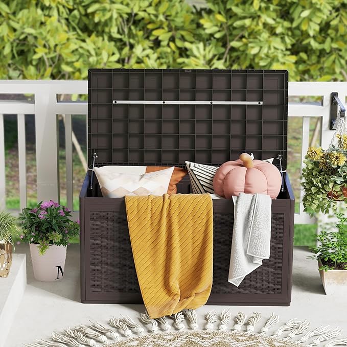 HAPPYGRILL 100 Gallon Resin Deck Box Outdoor Waterproof Storage with Lockable Lid, Rattan Texture Storage Container with Wheels for Pool Accessories, Garden Tool, Patio Furniture Cushion (Brown)