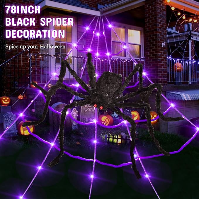 HBSTK 8 Modes 20 * 17FT Halloween Light Up Spider Web 250 Led Purple & Orange Lights Operated with 6.5Ft Giant Spider 200sqft Cobweb 20 Small Spiders for Indoor and Outdoor Decor Yard Decoration