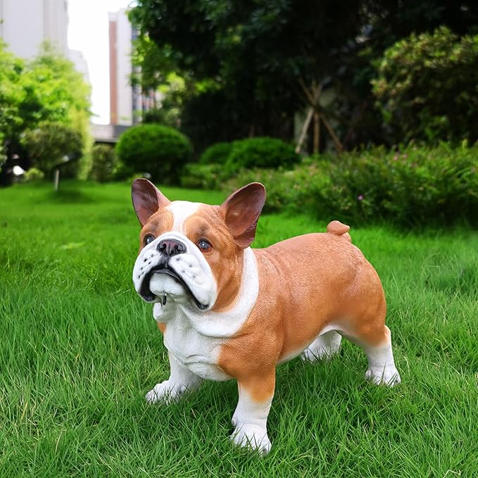 French Bulldog Outdoor Dog Statue with Reversible “Welcome/ON Patrol” Hanging Plaque and Solar Walkway Lantern, Brown & White Standing Yard Accent