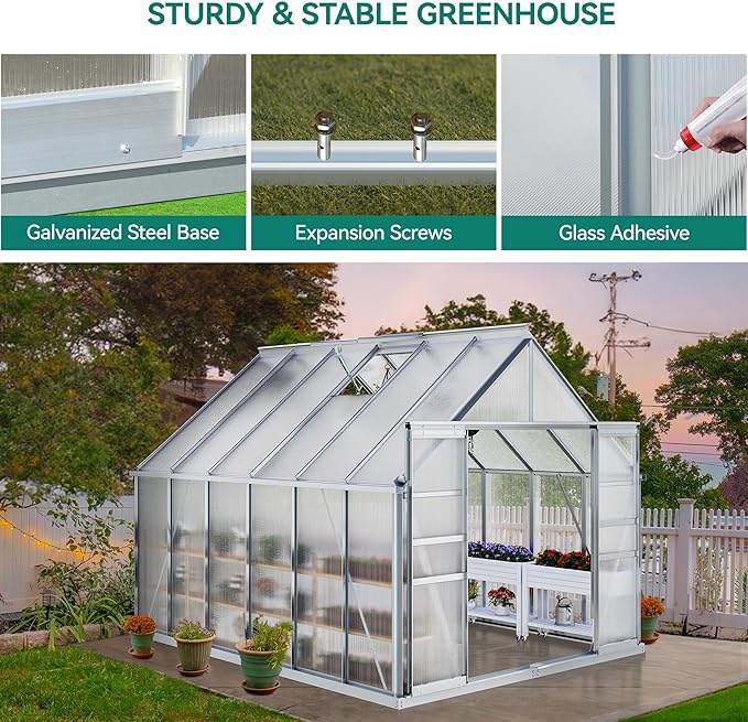 YITAHOME 8x12FT Polycarbonate Greenhouse for Outdoors, Large Heavy Duty Aluminum Greenhouses with Sliding Doors and Vent Window, Walk-in Greenhouse for Garden Backyard, Simple Setup, Silver