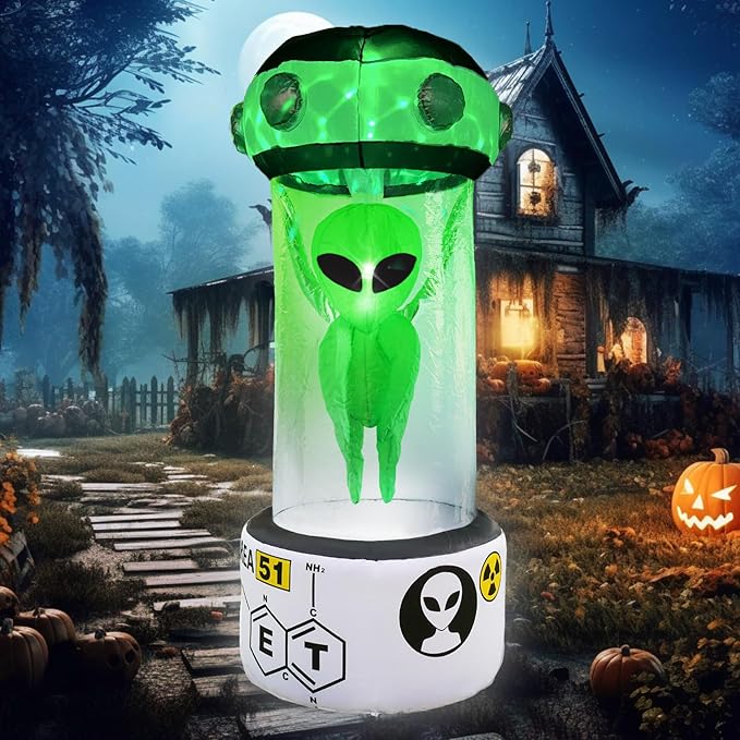 DearSun 8FT H Towering Halloween Inflatable Alien, Huge Halloween Outdoor Decoration,Blow Up Area 51 UFO Alien with Built-in LED Light Strong Blower for Large Party Yard Decoration