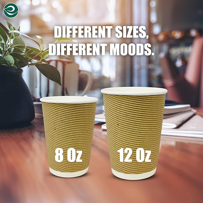 ECO SOUL 12oz Compostable Ripple Cups (200 Pack) – Biodegradable Paper Cups, Non-Toxic Disposable Cups for Hot Drinks, To-Go Coffee Cups, Eco-Friendly & Ripple Paper Cups