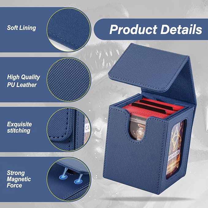 MTG Deck Box, Double Display Window MTG, Commander Deck Box Fits 120+ Single Sleeved Cards, PU Leather Magnetic Closure Card Box with 2 Dividers&2 Toploaders for TCG, CCG, Blue